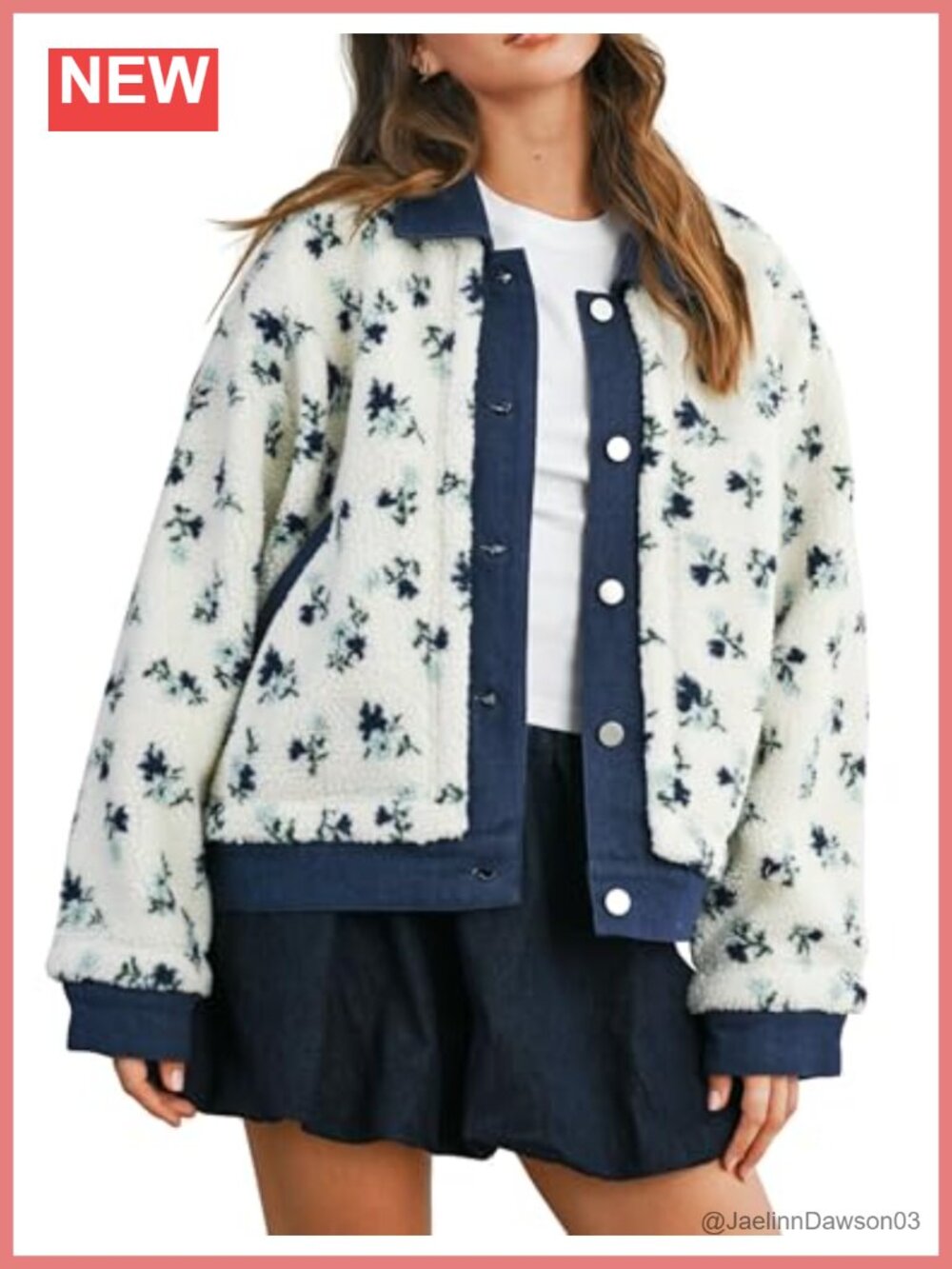 Floral Sherpa Fleece Jacket Open Front Denim Collar Oversized Pockets